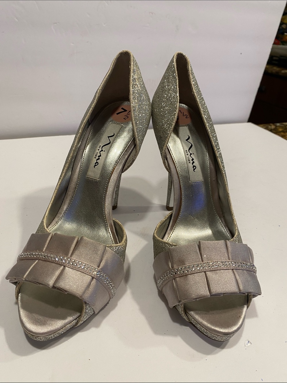 Nina Champagne Glitter Peep-Toe Heels with Satin Bow